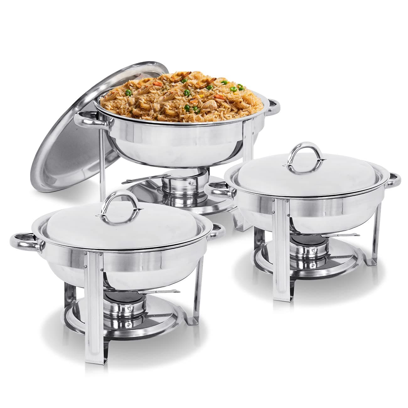 Super Pack of 3 Deluxe Full Size Round Durable Frame 5 Qt. Stainless Steel Chafing Dish, Dinner Serving Buffer Warmer Set (3)