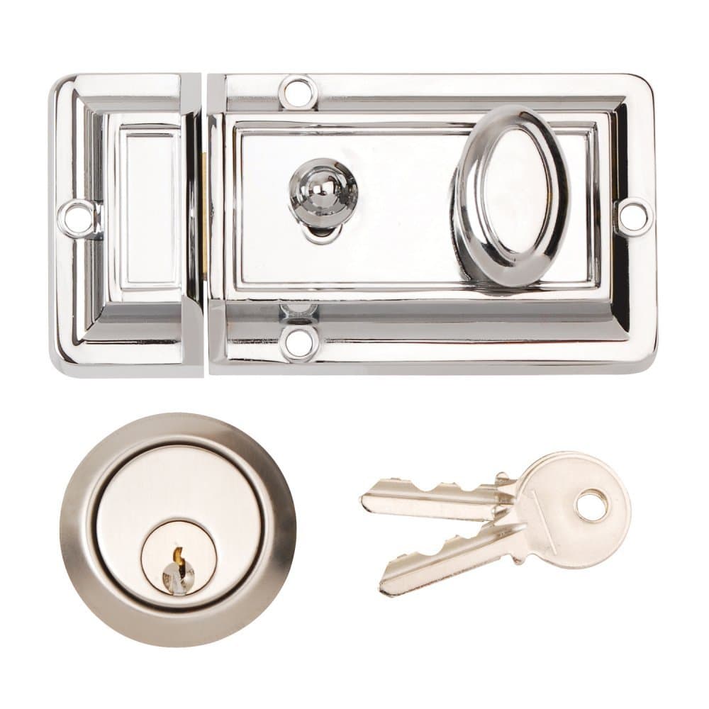 Standard Front Door Lock Cylinder Night Latch Deadlocking Polished Chrome 90mm