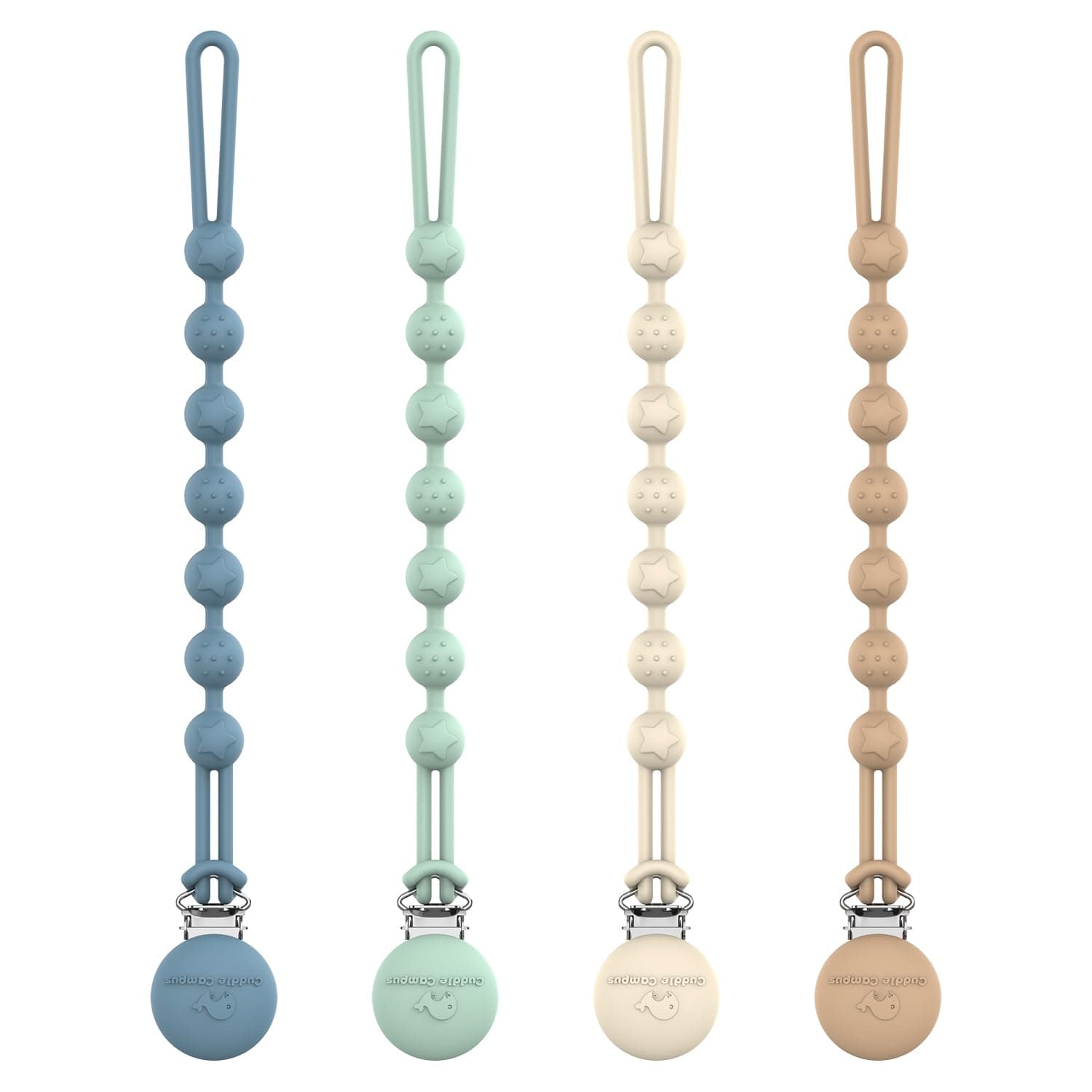Cuddle Campus Silicone Pacifier Clip Holder with One Piece Design, Pack of 4 Soft Flexible Binky Clips with Texture for Baby Boy and Girl