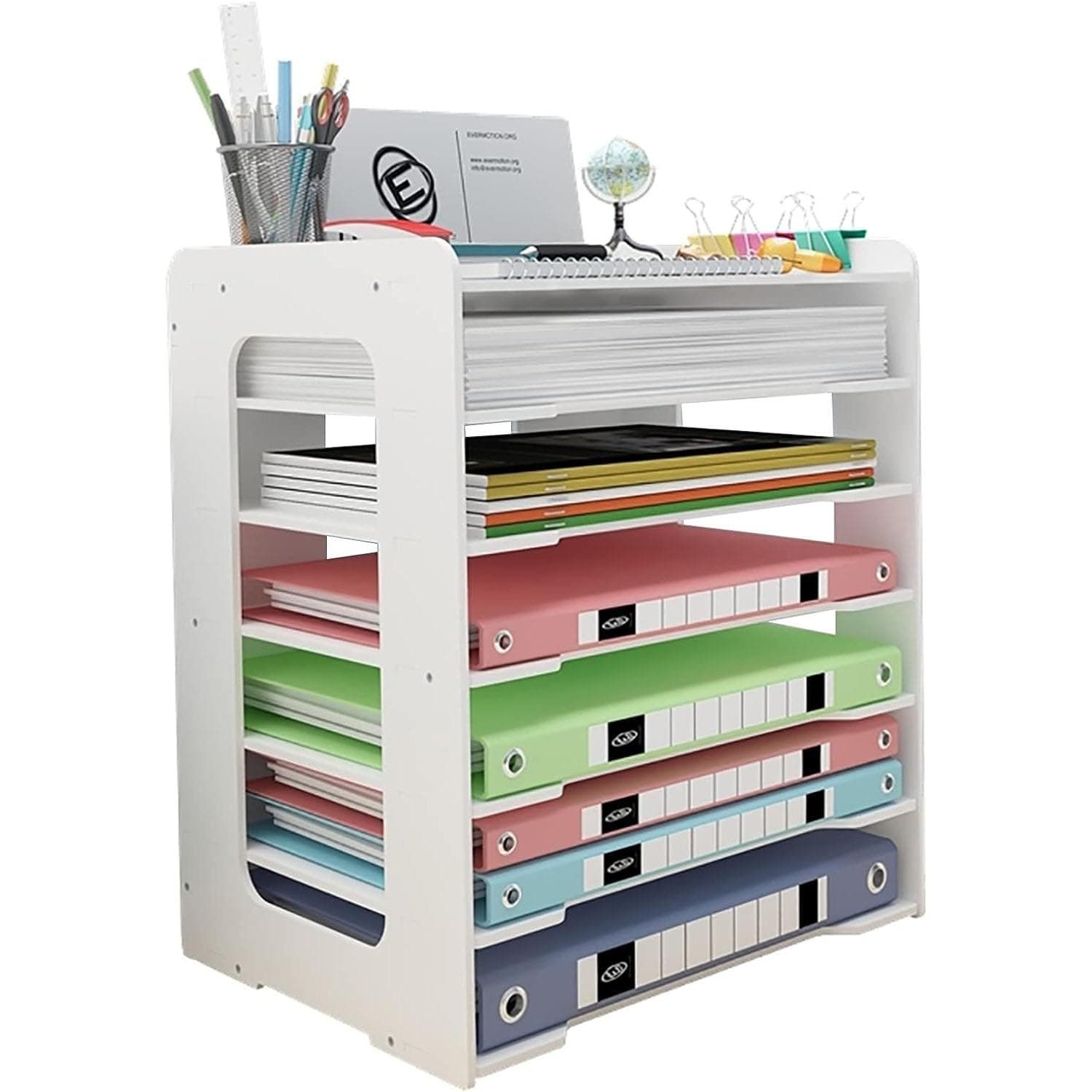 MUMOO BEAR File Organizer for Desk Letter Mail Tray Document Storage Rack File Sorter Organizer A4 Paper Storage Holder Desktop Organizer for Home Office School (White, 7 Layer)
