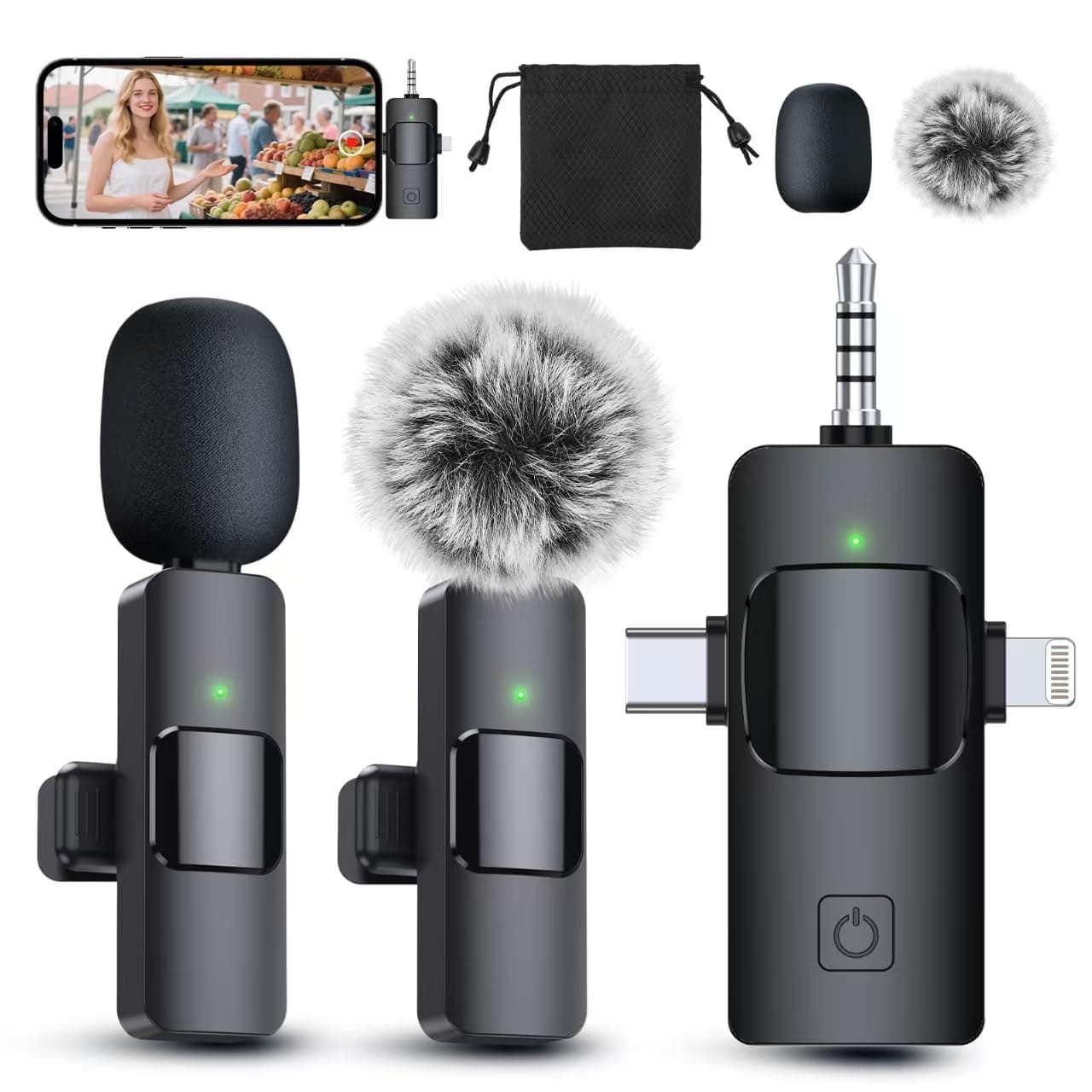 3 in 1 Professional Wireless Lavalier Microphone for iPhone, Android, Camera, Wireless Microphones, Mini Microphone, Crystal Clear Sound Quality for Recording, Live Streaming, Microphone Clips