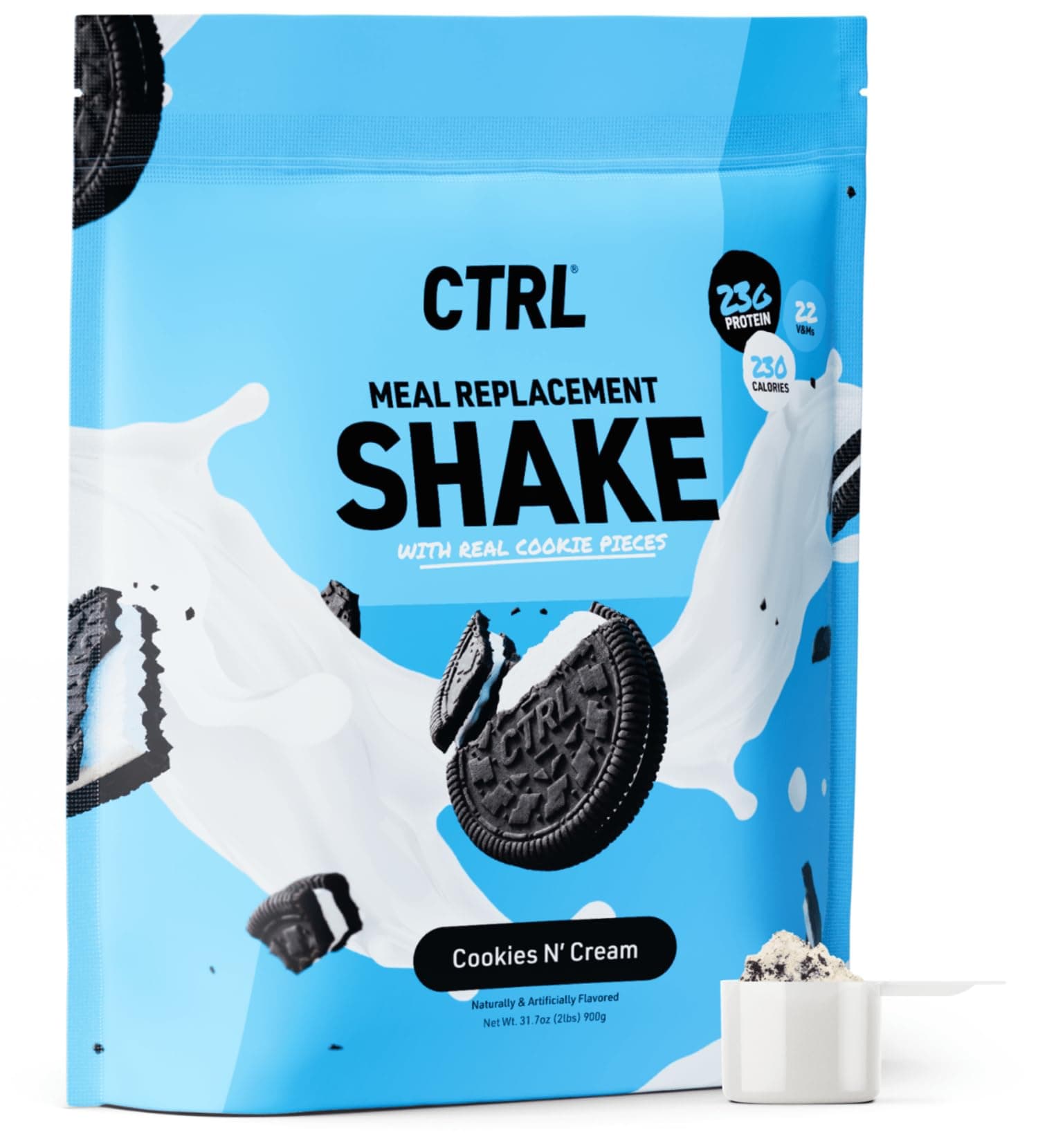 CTRL Meal Replacement Shake with Real Cookie Pieces – Cookies N' Cream - 15 Servings Packed with Essential Nutrients, Including 23g of Protein, 8 Grams of Fiber, 22 Vitamins & Minerals & Only 1g Sugar