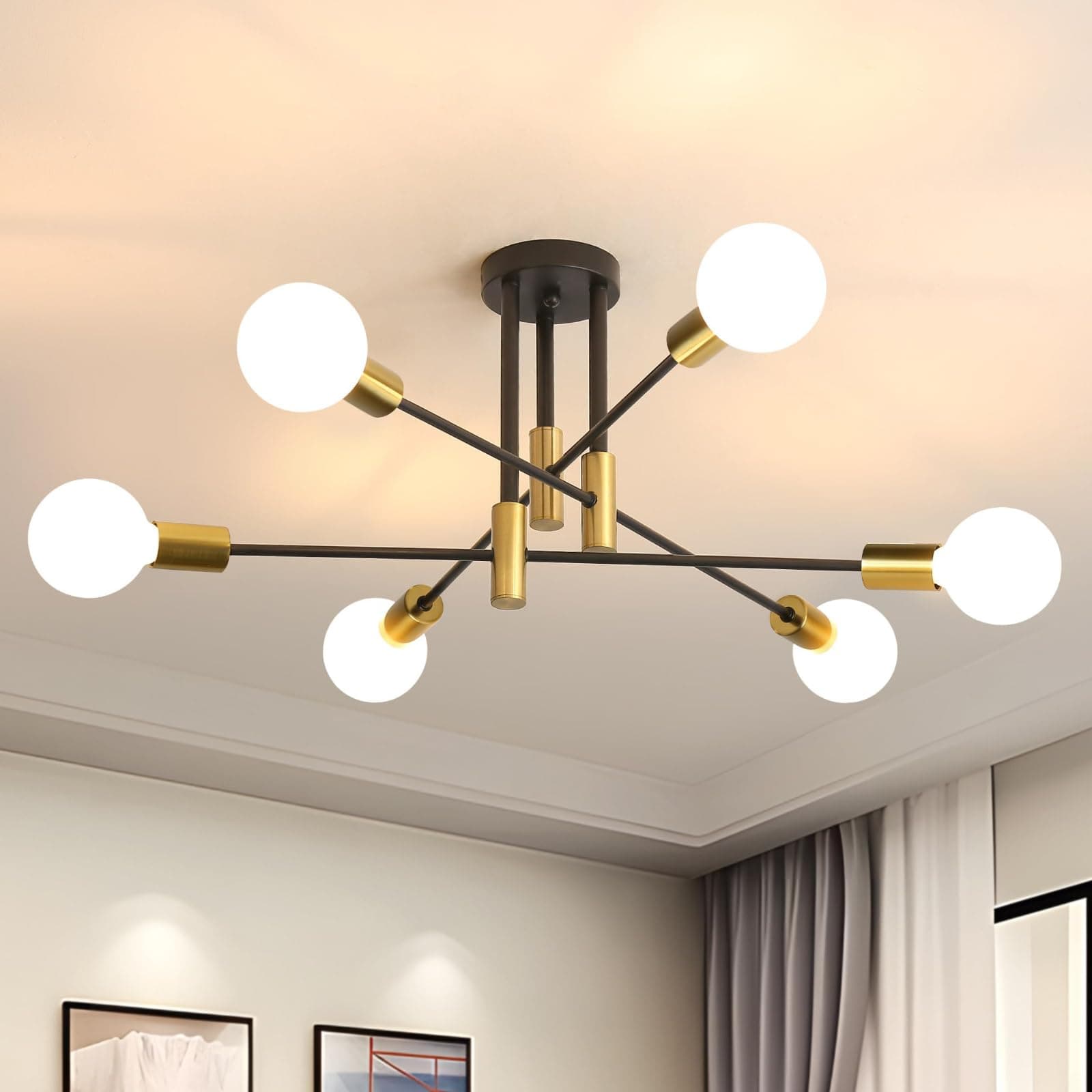 Modern Sputnik Light Fixture, 6-Light Matte Black Flush Mount Ceiling Light, Mid-Century Modern Light Fixture for Bedroom, Dining Room, Living Room, Kitchen