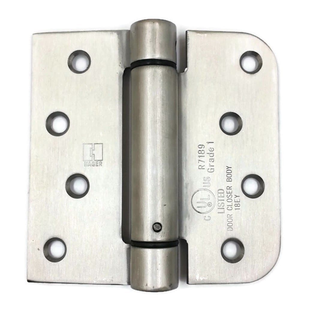 Hager Spring Hinge 1764 4 x 4 US32D Satin Stainless, 1 leaf Square Corners, 1 leaf 5/8" Radius Corners, Full Mortise, Residential - 2 per box