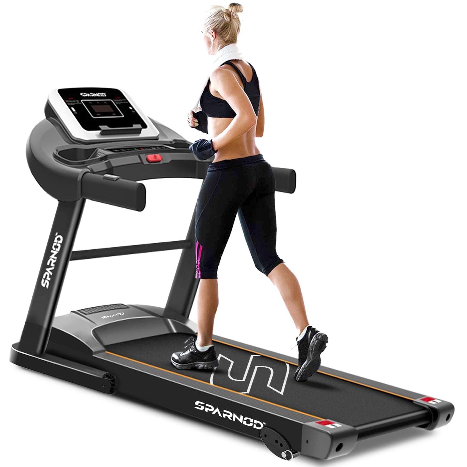 Sparnod Fitness STH-1250 Motorized Treadmill for Home Use, 4 HP Peak DC Motor, 12 km/hr Speed, 110 kg Max User Weight, 12 Preset Workouts, Manual Incline, (STH-1250)