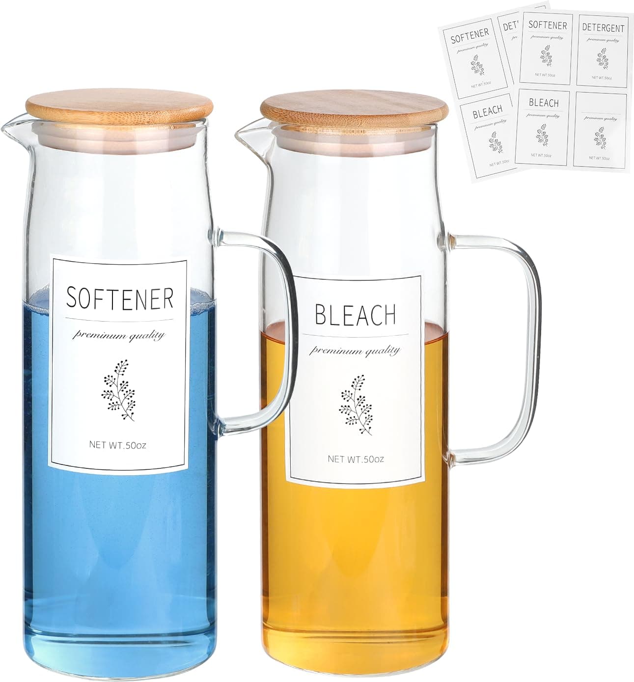 Laundry Detergent Dispenser Set with Bamboo Lids and Handles - Easy Pour 2 Pack 50 oz Liquid Laundry Containers for Laundry Room Organization and Storage