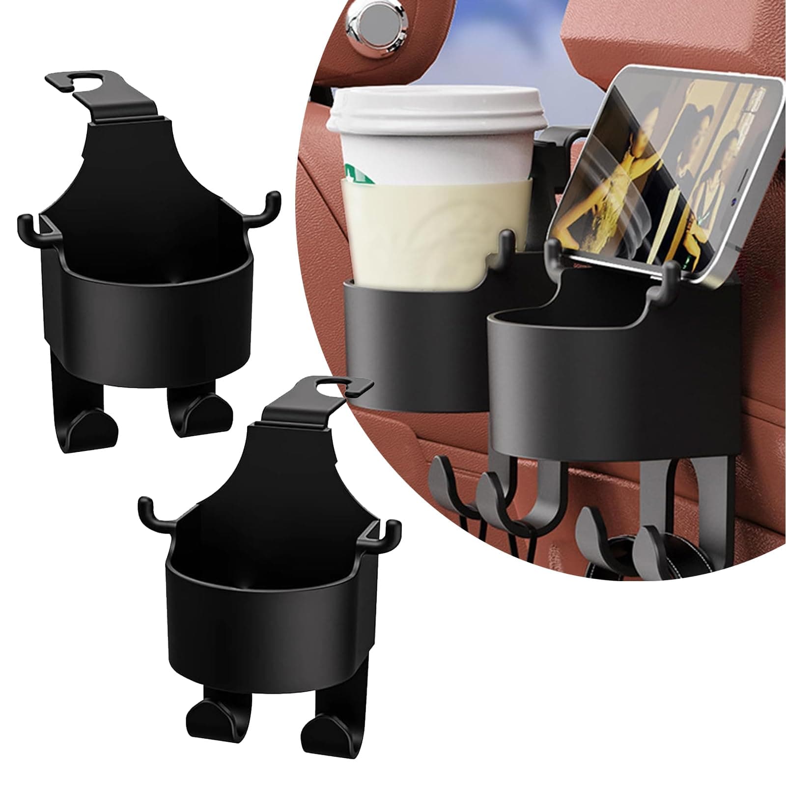 2 PCS Car Seat Headrest Multifunctional Hook, 3-in-1 Car Cup Holder Cell Phone Holder Suspension Storage Rack, Portable Dual Size Mounting Hook, Universal for Cars Headrest Organizer (Black)