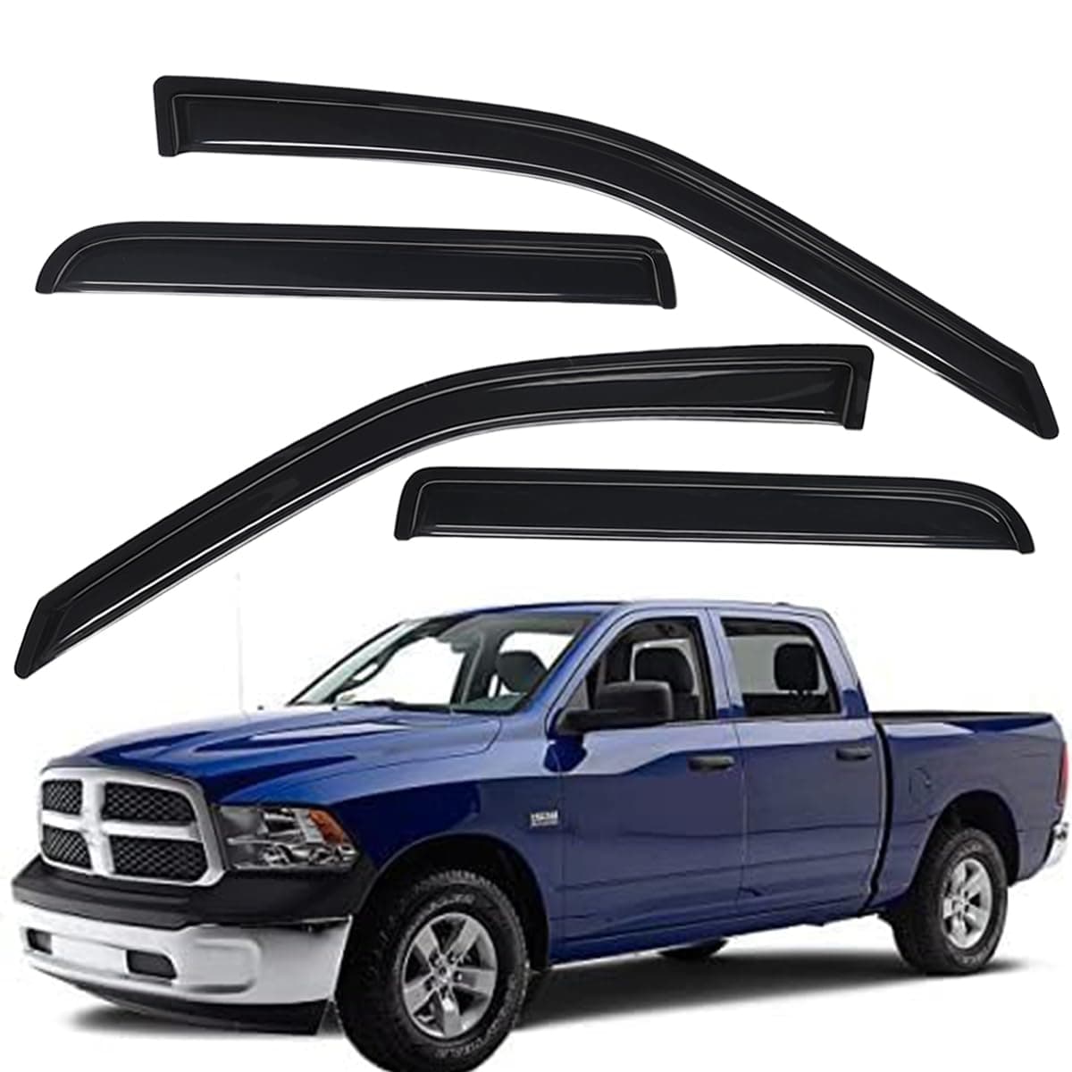 WV94109 Extra Durable Outside-Mount Car Window Visors Rain Guards, Fit 2009-2018 Dodge Ram 1500 Crew Cab, 2010-2025 Ram 2500 & 3500 Crew Cab/Mega Cab, 2019-2024 Ram 1500 Classic Crew Cab, Smoke, 4-Pcs
