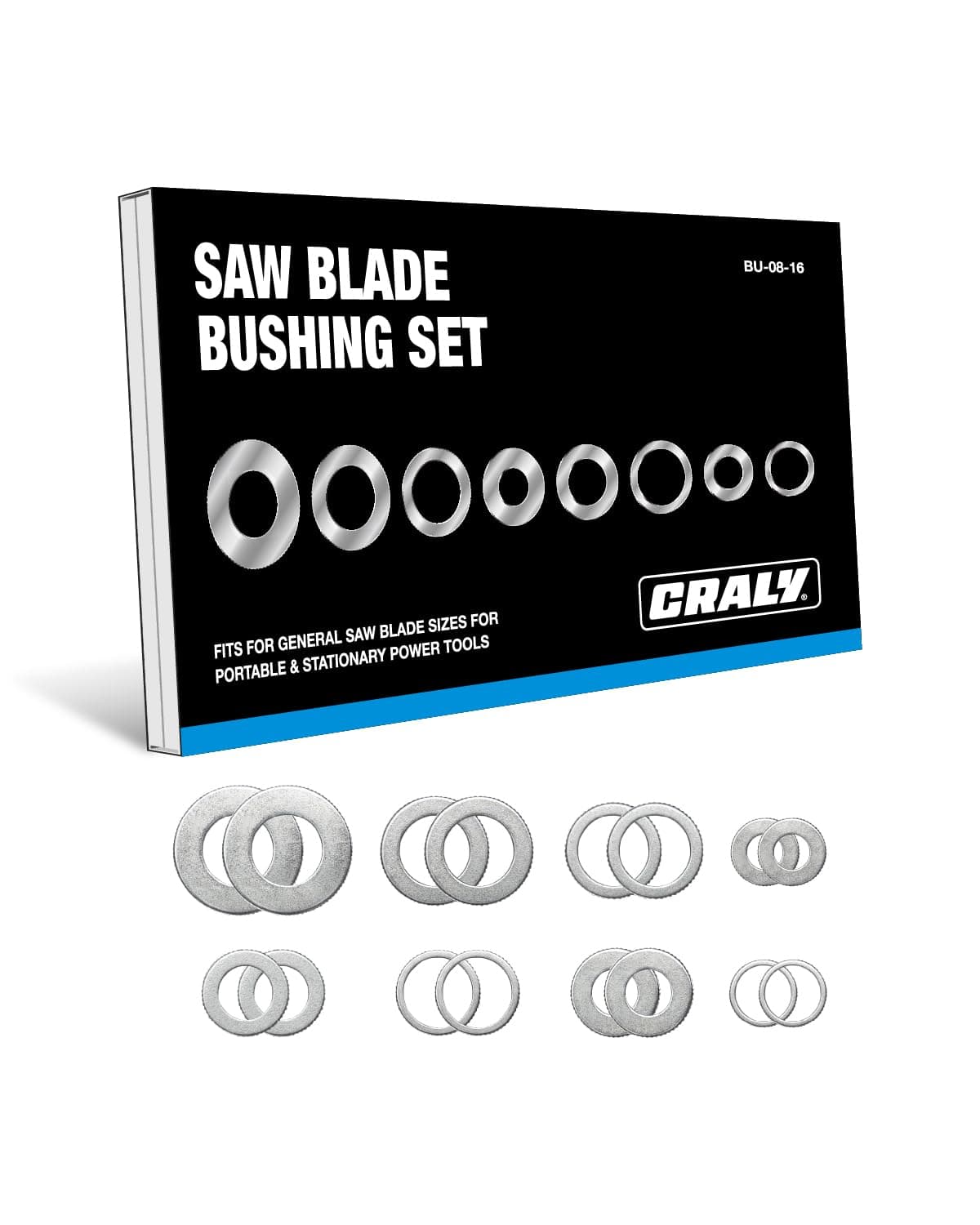 CRALY Saw Blade Bushing Set, Arbor Adapter Kit, Reduction Ring Combo, 30mm-5/8'', 20mm-5/8'', 7/8''-5/8'', 20mm-1/2'', 1''-5/8'', 20mm-10mm, 5/8''-3/8'', 5/8''-1/2'', 16-Pack(BU-08-16)