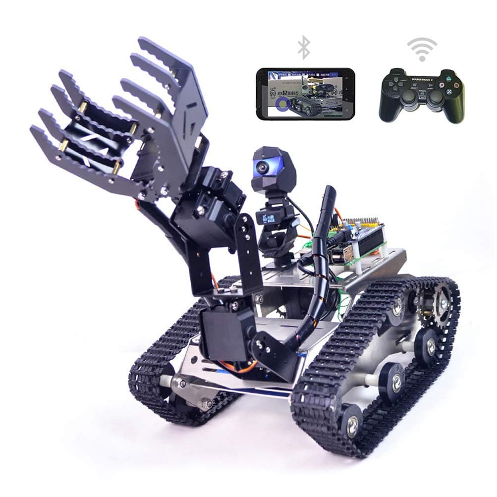 Smart Robot Car Tank with HD Camera Motorized Robotic Arm 4-DOF for Arduino Project, Metal Tracked Platform, RC Robot Tracked Car Chassis Kit with Video Transmission, Obstacle Avoidance