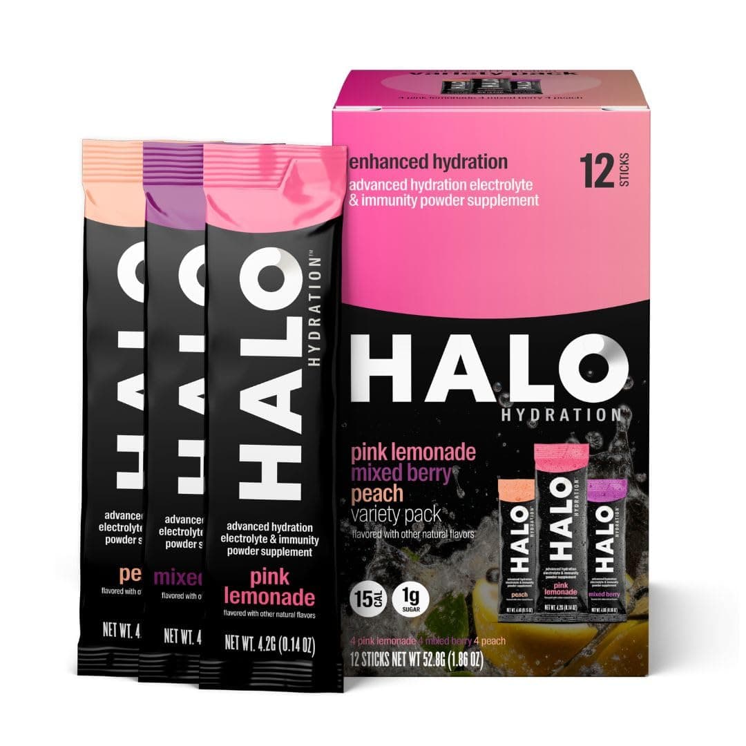 HALO Hydration - Electrolyte Drink Mix | Hydration Powder Packets | Variety Pack (Pink Lemonade, Peach, Berry) – For Sports and Cycling | Easy Open Single Serving Stick | 12 Sticks