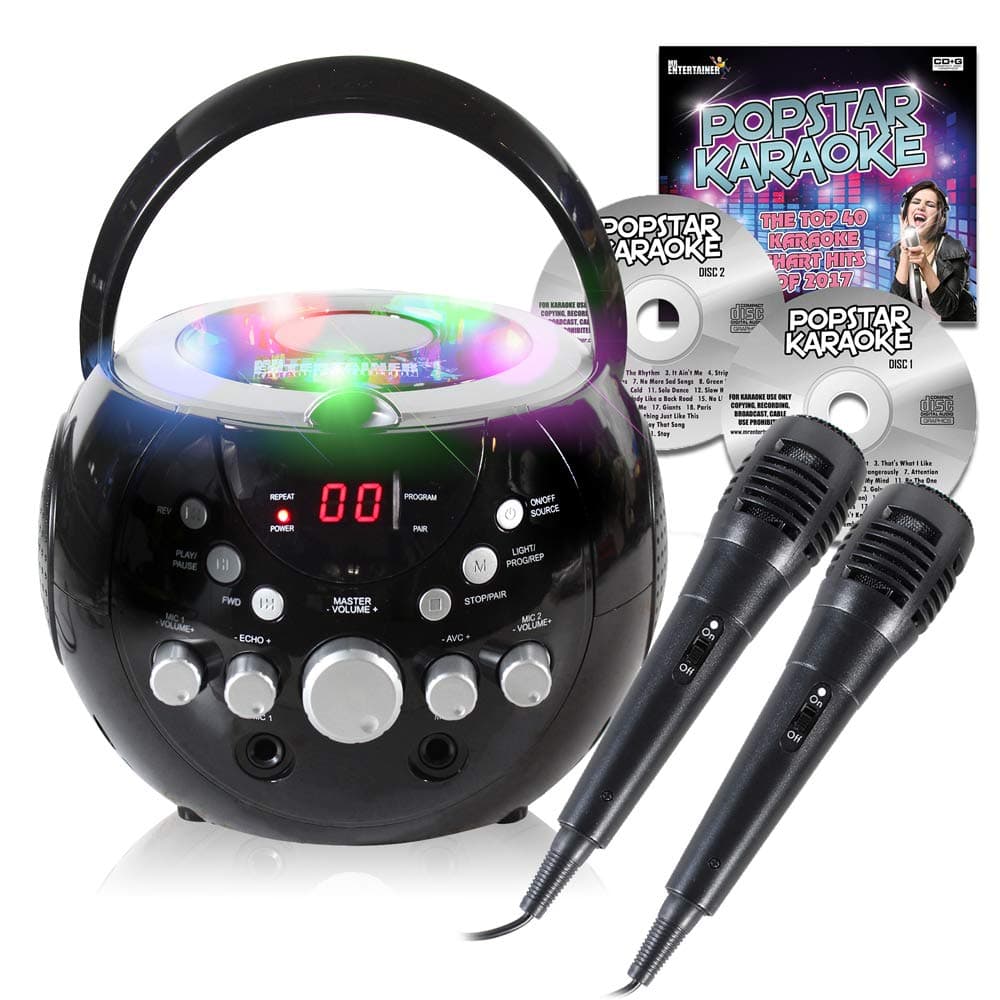 Bluetooth Home Karaoke Player Machine Microphones Lights CD+G Discs Party Songs