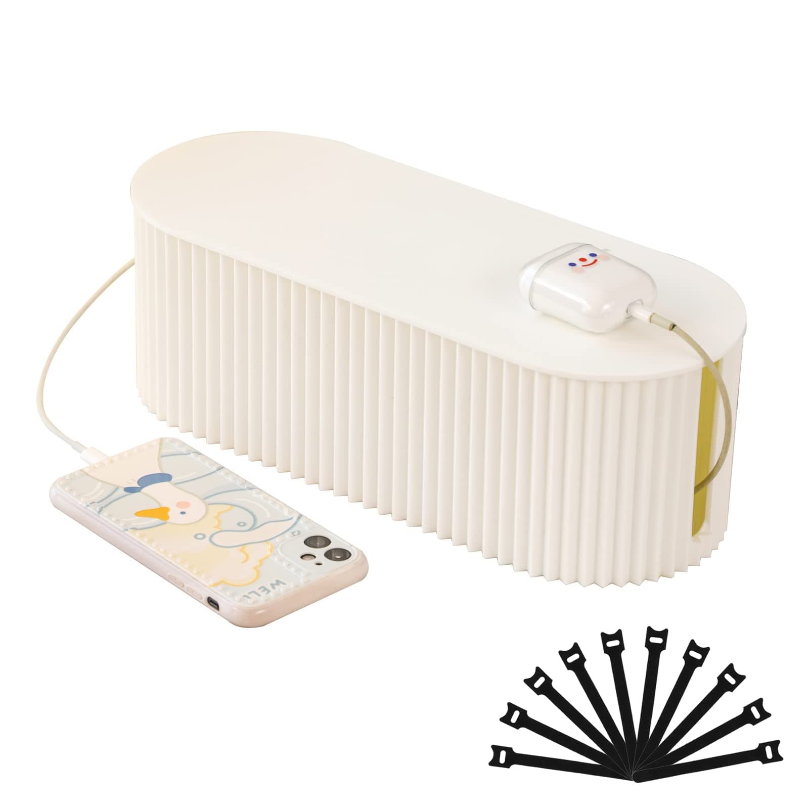 Cable Management Box with 10 Cable Ties, Organizer Box for Power Strips, Surge Protectors, Chargers, Adapters, TV Computer Wires Cable Hider Box for Home/Office (Small/White)