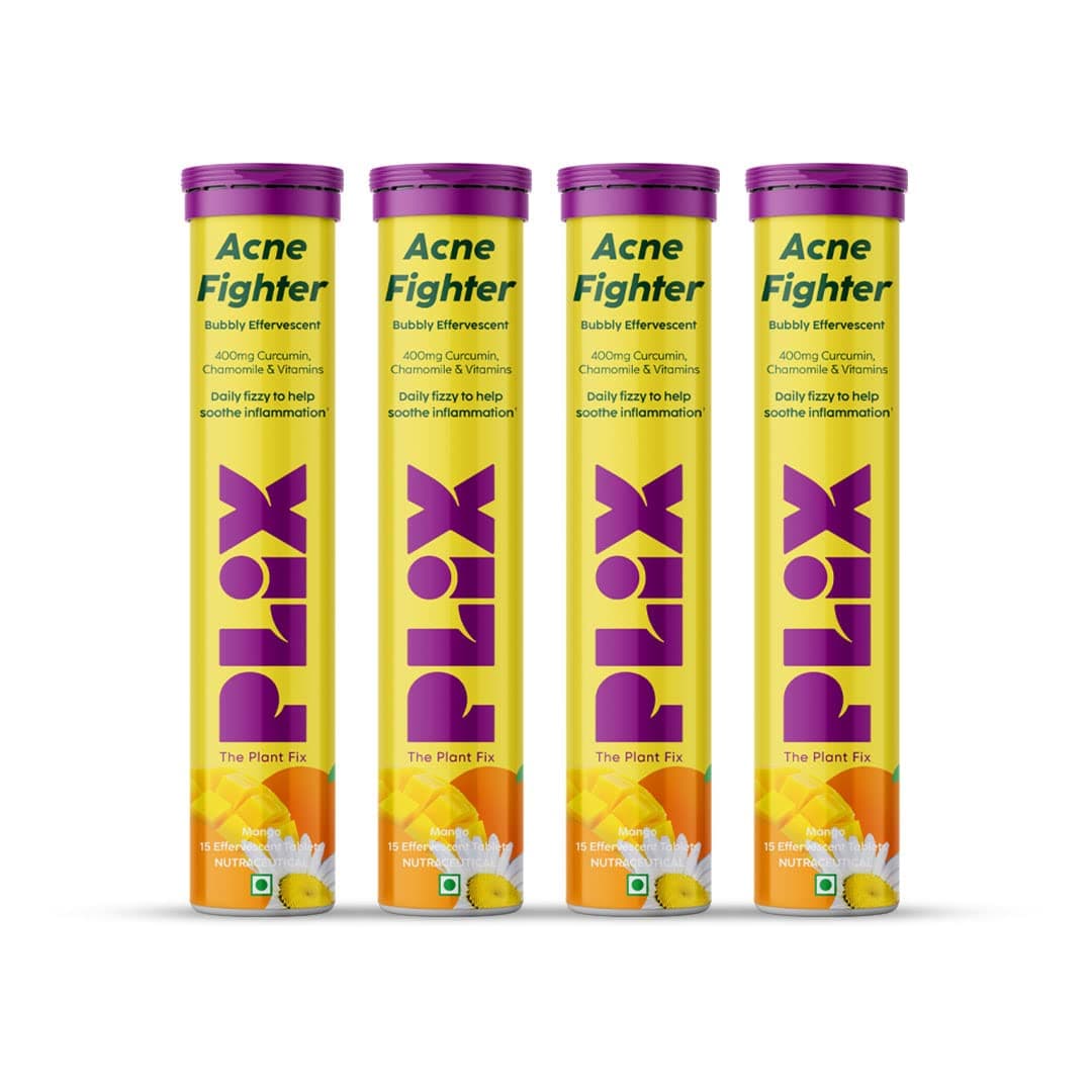 PLIX - THE PLANT FIX Acne Shield (15 Effervescent Tablets), Mango Twist Flavour- Pack Of 4|Goodness Of Curcumin, Aloe And Chamomile|Clear Skin|Easy To Consume|Gluten Free|Dairy Free|Plant Based
