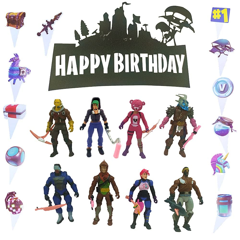 Fort&Game Night Cake Topper Figures and Decorations Include 8Pcs Figures, Glitter Cardboard Large cake topper And Cupcake Toppers, Video Game Party Supplies