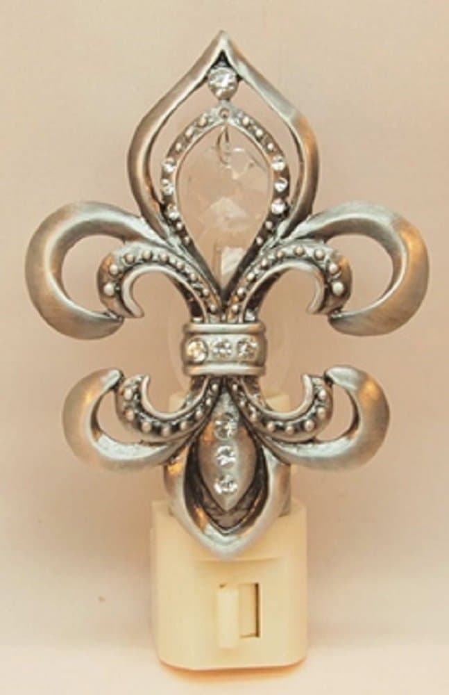 Fleur de Lis Pewter Night Light with Hanging Crystal