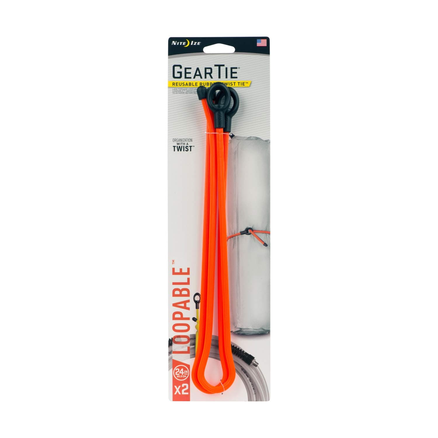 Gear Tie Loopable, The Original Reusable Rubber Twist Tie With Sturdy Integrated Loop, 24-Inch, Bright Orange, 2 Pack, Made in the USA