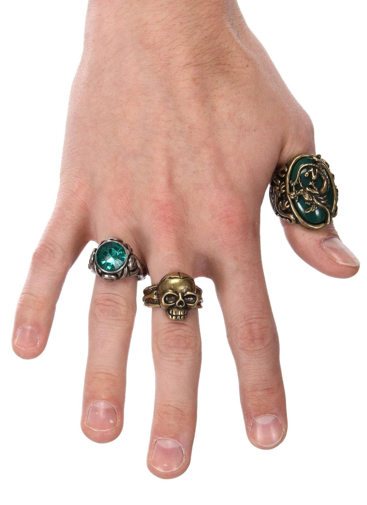 Disney Jack Sparrow Ring Accessory Set - Set of 3 Adjustable Rings with Faux Gems, Officially Licensed Standard