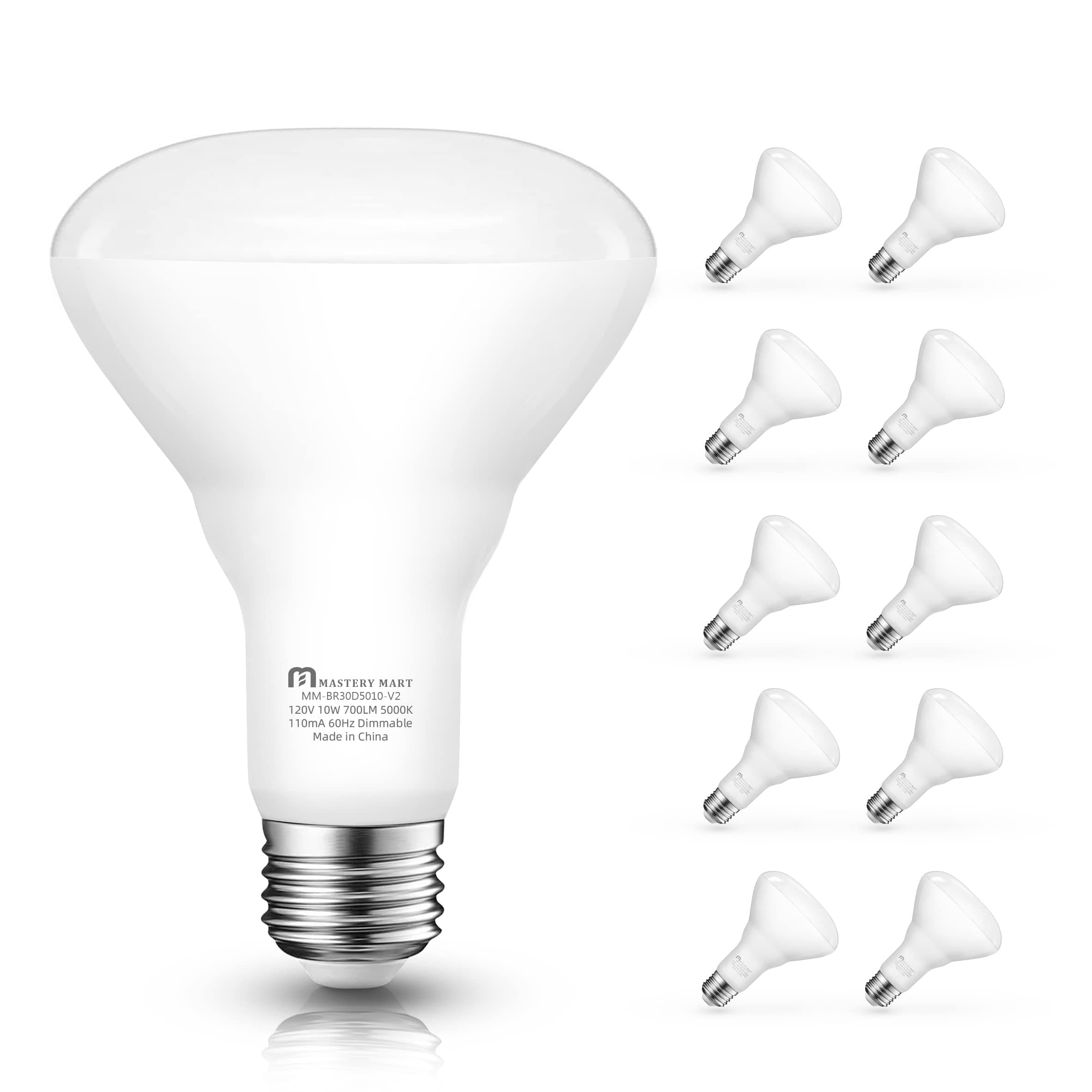 MASTERY MART BR30 LED Bulb, 10W Dimmable, 65 Watt Equivalent 4000K Cool White 700 Lumen, Wide Flood Light Bulb with E26 Screw Base, UL and Energy Star, Pack of 10