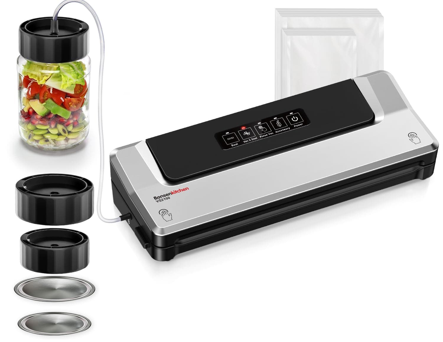 Bonsenkitchen Vacuum Sealer Machine with Mason Jar Sealer Kit | Compact Food Sealer for Kitchen Storage & Meal Prep | Multiple Modes​​ | External Vacuum System & 40 Vacuum Bags, Silver