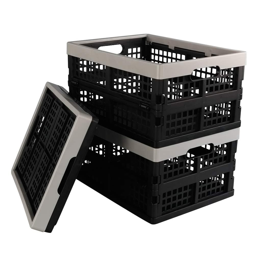 Vareone Set of 3 Plastic Collapsible Storage Basket, Stackable Folding Organizer Crate, 15 L, Black, F