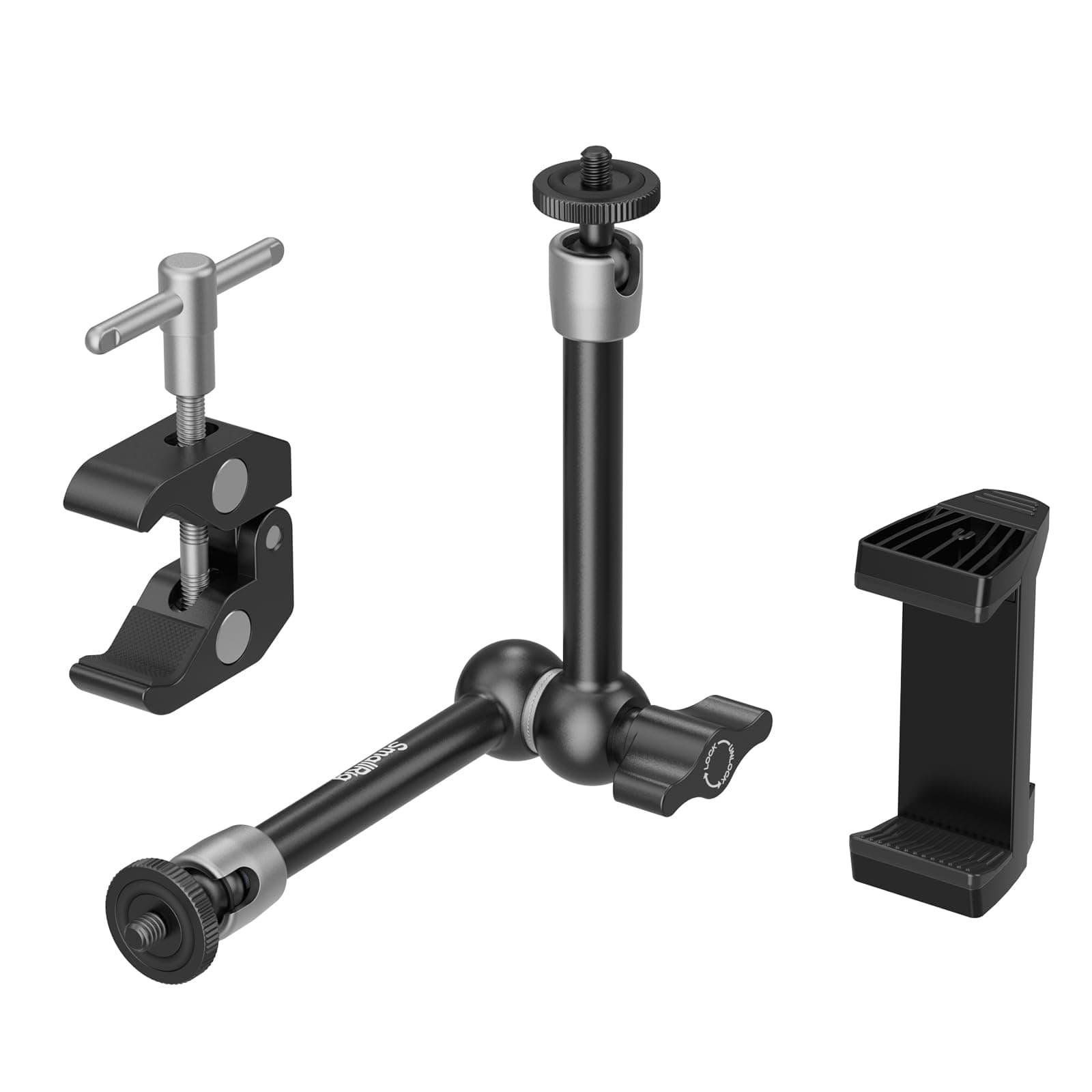 SmallRig Clamp w/ 1/4" and 3/8" Thread Holes, 9.8 Inches Adjustable Friction Power Articulating Magic Arm with Phone Holder for Action Cameras, Smartphones, LCD Monitor/LED Lights - 5326