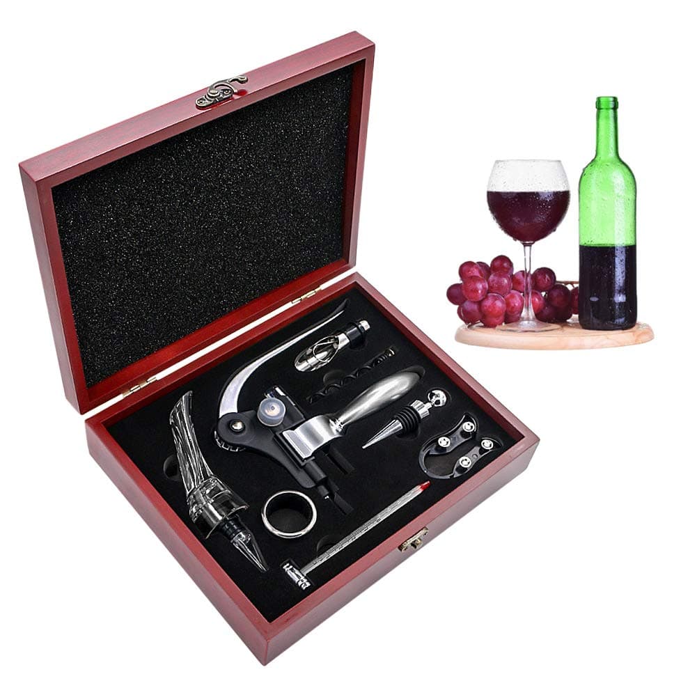 Wine Opener Set, Lever-Arm Rabbit Corkscrew, Wine Accessory Sets with Bottle Opener, Foil Cutters, Aerator, Wine Stopper, Thermometers, Drip Rings, Spare Spirals and Dark Cherry Wood Box