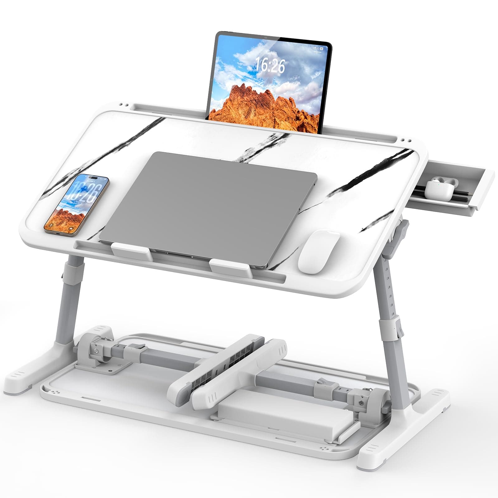 HETTHI Laptop Bed Tray Table, Adjustable Sturdy Laptop Stand for Bed with Premium Materials, Folding Portable Lap Desk with Drawer for Writing Working Reading Eating Couch Floor (Marble, 22.04"×12.2")