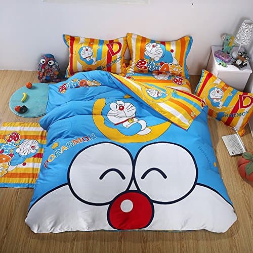 100% Cotton Cartoon Double Bedding Set Twin Single Bed Set Doraemon Bed Linen for Children Kids Bedding (Twin, Light Blue)