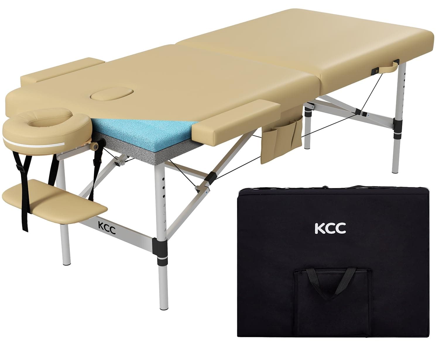 KCC Memory Foam Portable Massage Table, Foldable Tattoo Table Lash Bed Height Adjustable,28 Inchs Wide Home Salon Spa Bed Accessories &Carrying Case,Easy Set Up,Lightweight Aluminium Leg,Beige