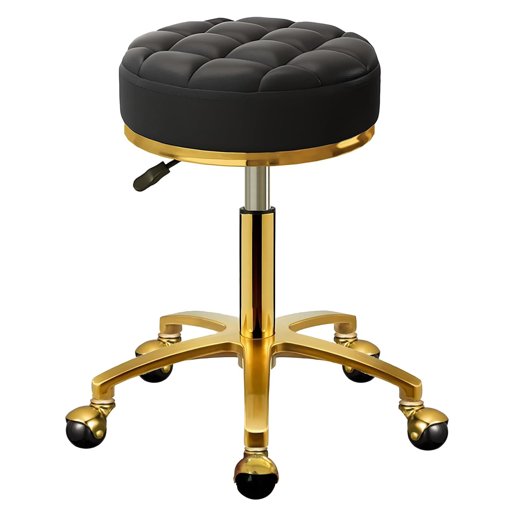 Rolling Stool Gold Vanity Stool with Wheels, Pedicure Massage Roller Stools, PU Leather Round Swivel Salon Spa Chair, Titanium Gold Base, Height Adjustable 43-55 cm (Black)