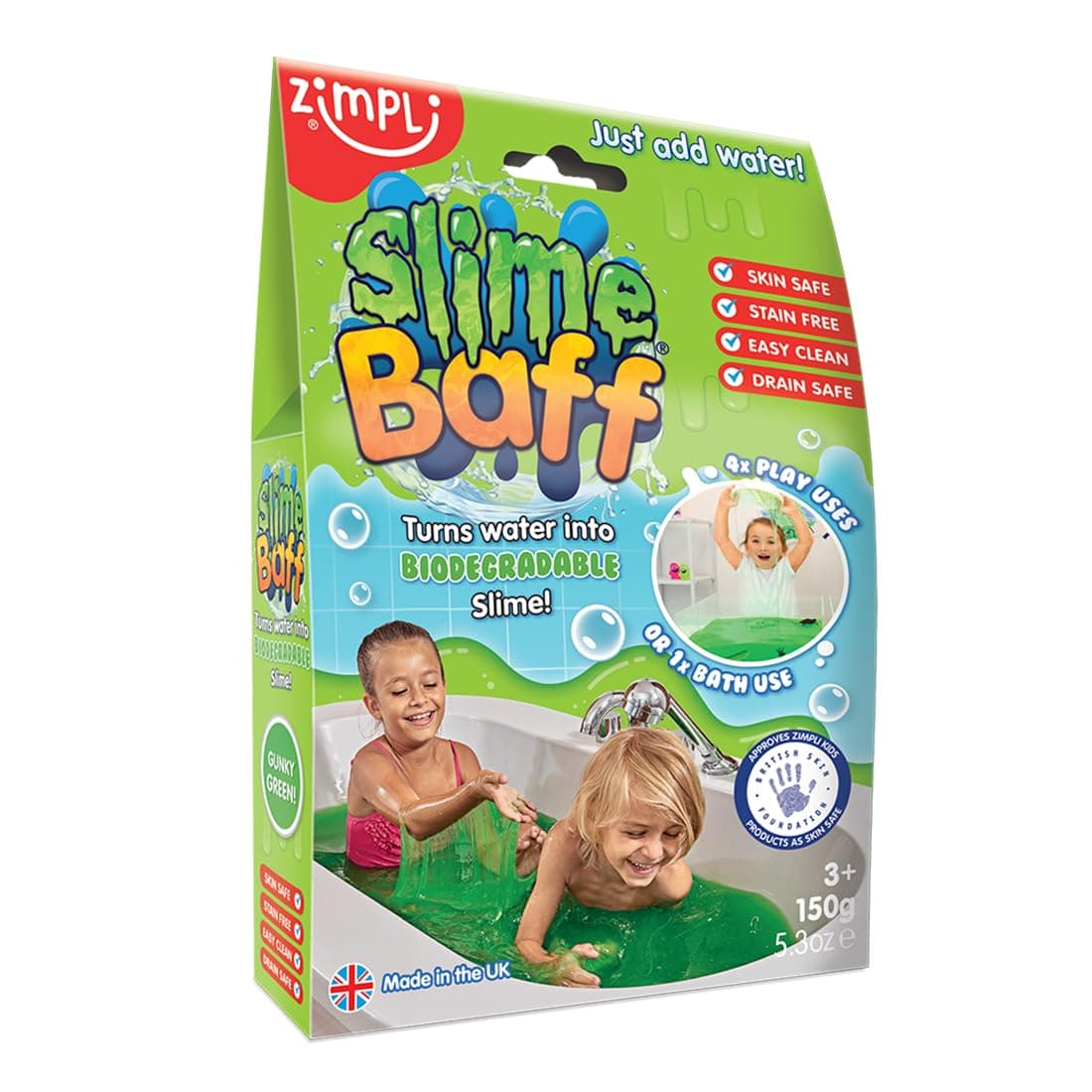 ZIMPLI - Slime Baff Green, 1 Bath or 4 Play Uses, As if by magic, water turns into colourful slime, Children's Bathtub Toy, Great gift idea for boys or girls aged 3+