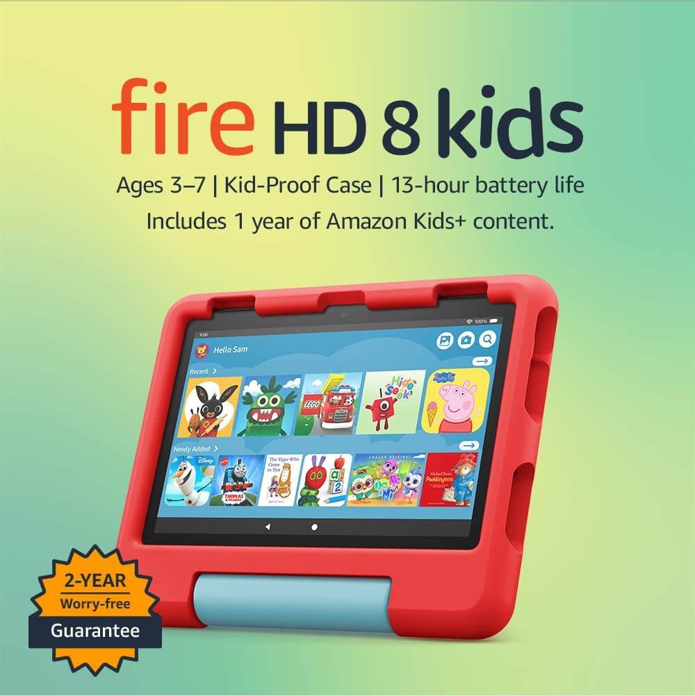 Amazon Fire HD 8 Kids tablet | 8-inch HD display, ages 3–7, includes 2-year worry-free guarantee, Kid-Proof Case, 32 GB, 2022 release, Red