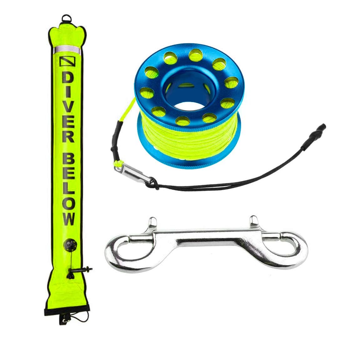 4ft Yellow Scuba Diving Open Bottom Surface Marker Buoy (SMB) with 49ft Finger Spool Alloy Dive Reel and Double Ended Bolt Clip - Blue
