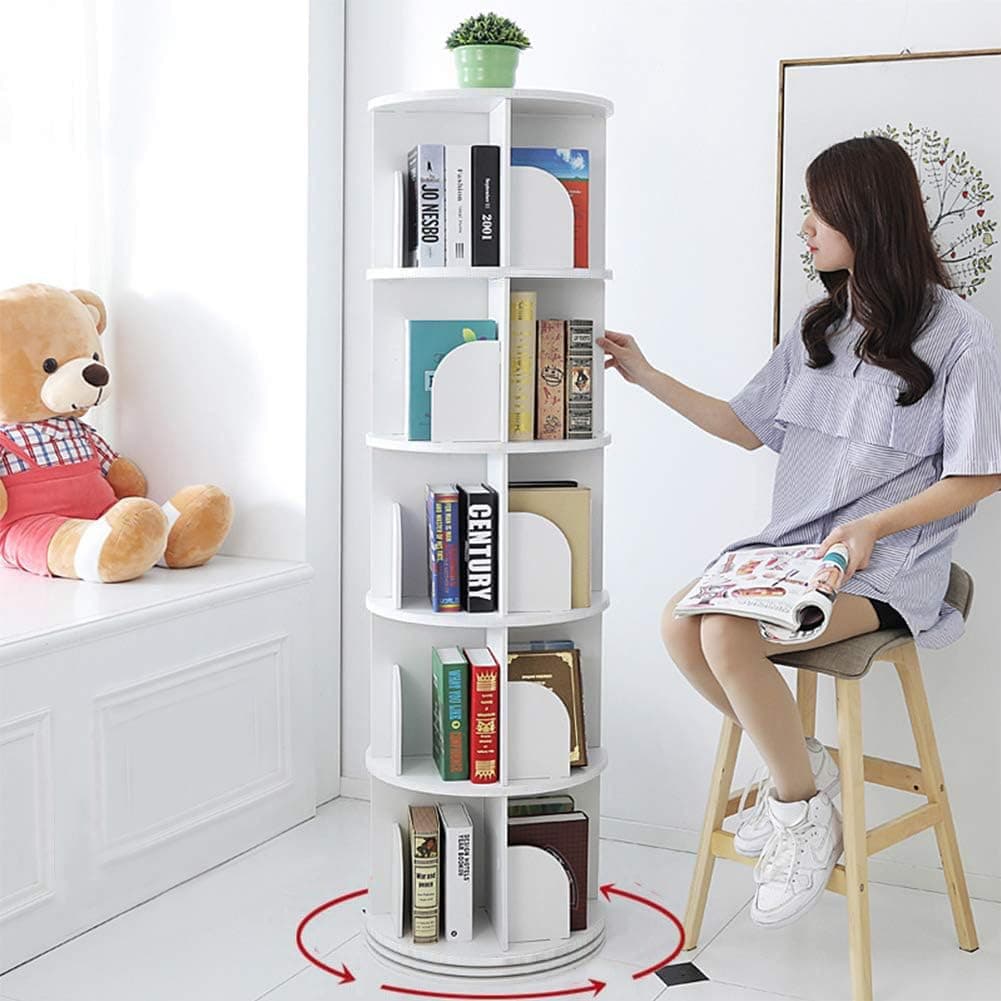 MUMOO BEAR Rotating Bookshelf Floor Standing Open Shelf Bookcase Multipurpose Household Storage Rack 360° Rotation for Home Bedroom Living Room Office Corner Books Holder Space Saving, XS (White)