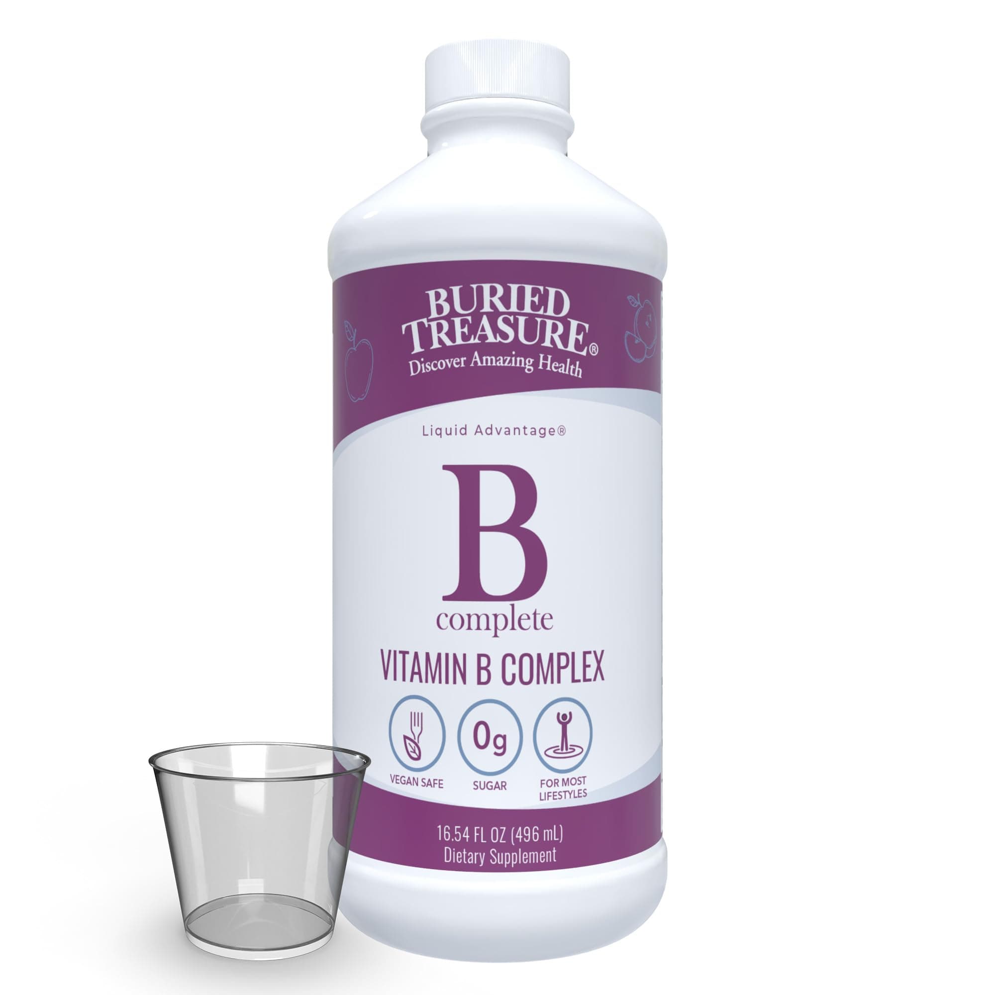 Buried Treasure B Complete - Liquid Vitamin B Complex with MethylCobalamin B12 & MethylFolate B9, Biotin, B1, B2,B3, B5, B6, Liquid & Sugar-Free, Women & Men, Dose Cup for Measuring