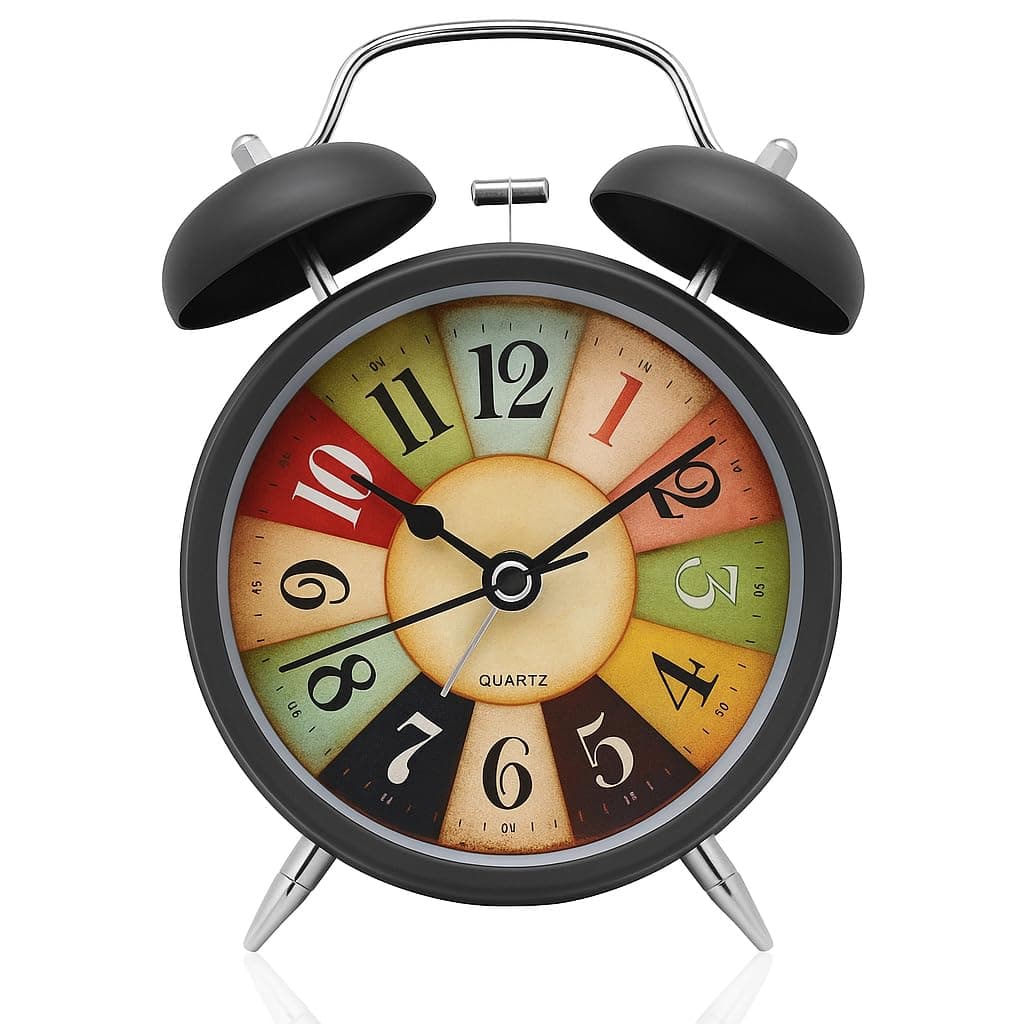 AERYS Table Clock with Two Bells, Analog Display, Night LED Light, and Extra Loud Heavy Ringer Perfect for the Study Bedroom Living Room Office Anywhere Else in Your Home (Black Vintage Alarm Clock)