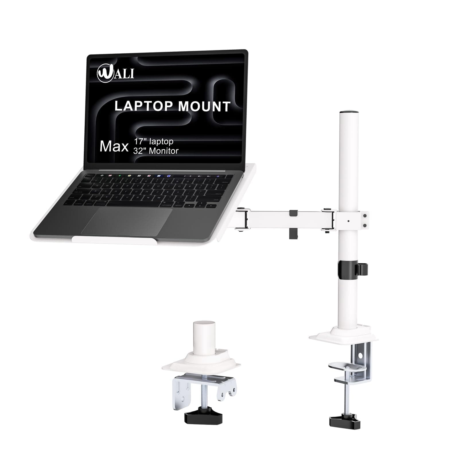 WALI Laptop Desk Mount for 17 inch Notebook, Adjustable Single Monitor Arm with Laptop Holder for 32 inch Screen, Laptops Stand with Ventilated Tray, Up to 22 lbs, (M00LP-W), White