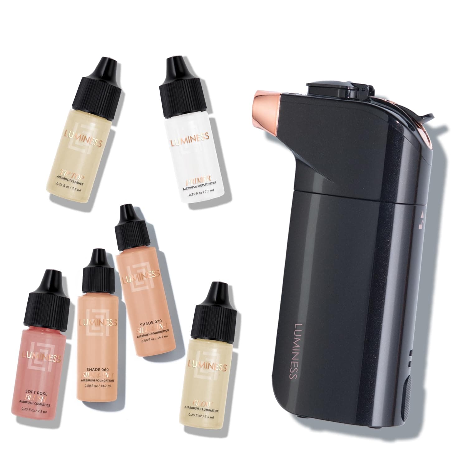 BREEZE DUO Airbrush Makeup System, Warm Coverage – 9-Piece Kit includes 2x Silk Airbrush Foundation, Soft Rose Blush, Glow Highlighter, Moisturizer Primer, and Airbrush Cleaning Solution