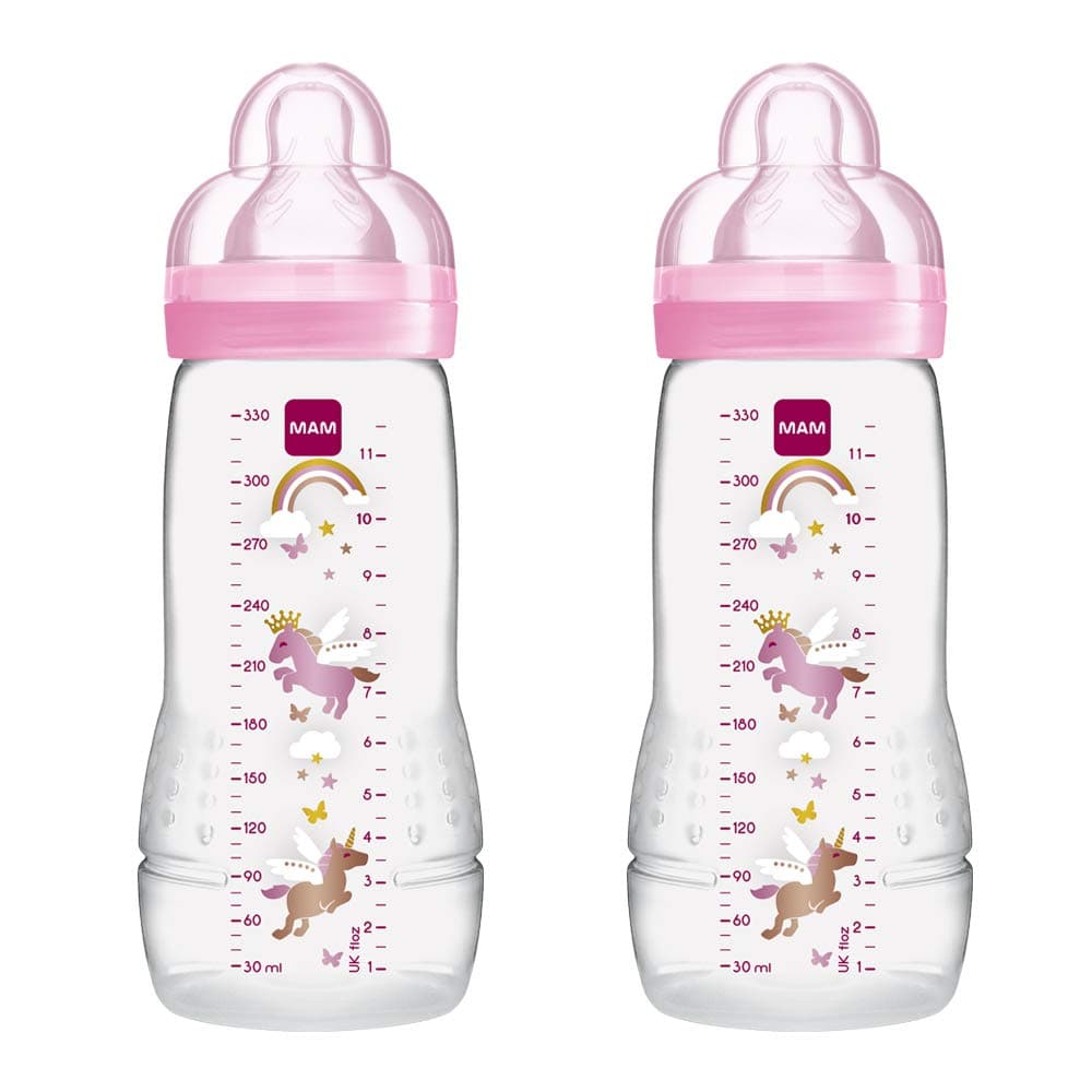 Easy Active Baby Bottle with Fast Flow MAM Teats Size 3, Twin Pack of Baby Bottles, Baby Feeding, 330 ml, Colour: Pink (Designs May Vary)