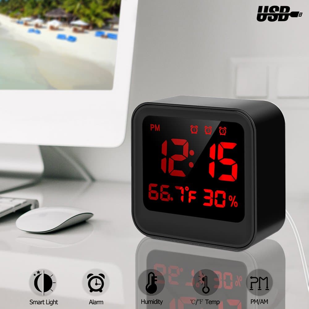 lEPECQ LED Alarm Clock, Bedside Alarm Clock with USB Cable, Brightness Adjusted by Time, Temperature Humidity Small Desk Clock, Mini Led Clock for Living Room Kids and Office (Battery NOT Include)