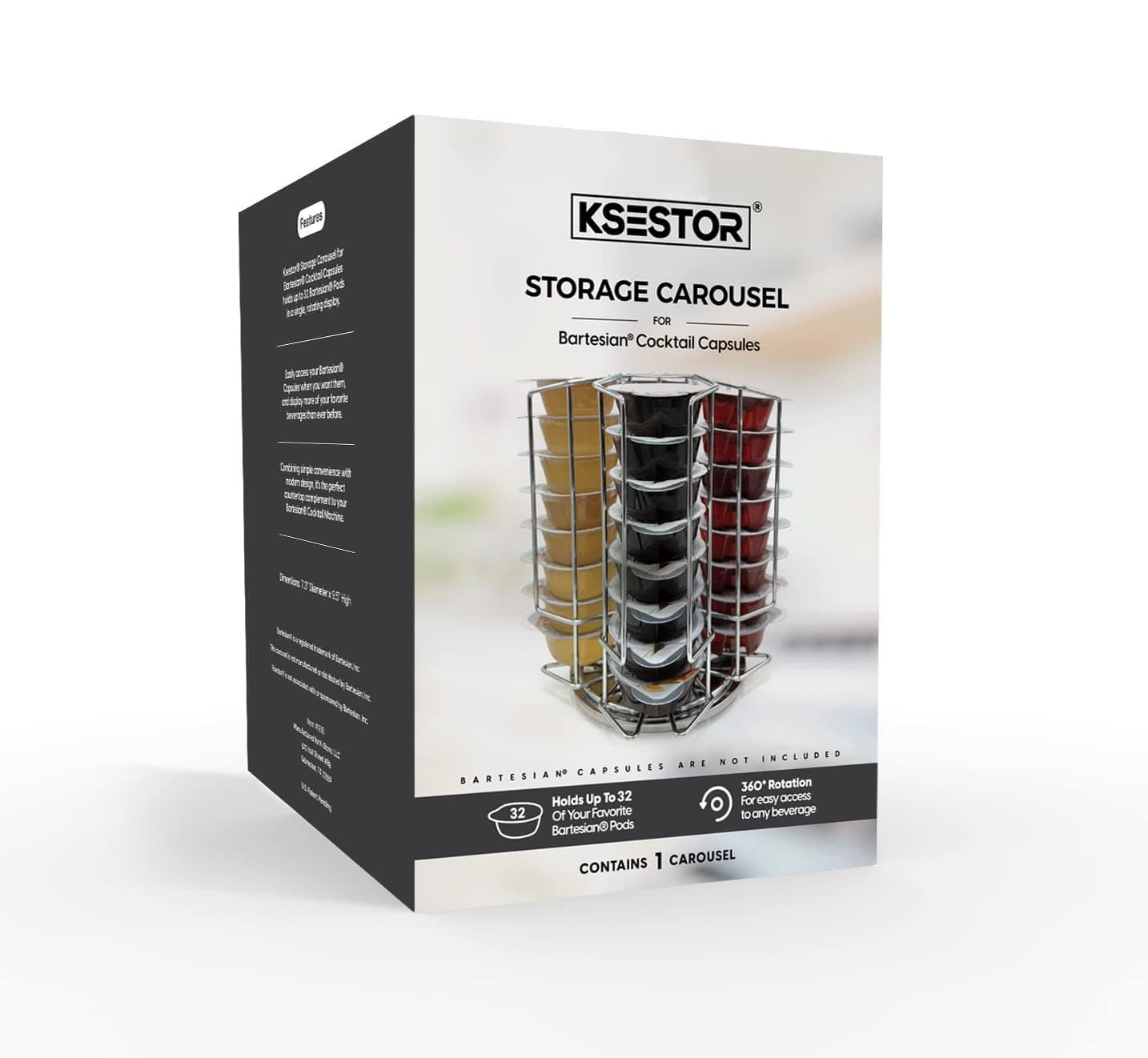 Storage Carousel for Bartesian Capsules by Ksestor - Holds up to 36 Bartesian Pods - 360-Degree Rotation - Bartesian Pod Holder - Bartesian - Chrome Finish
