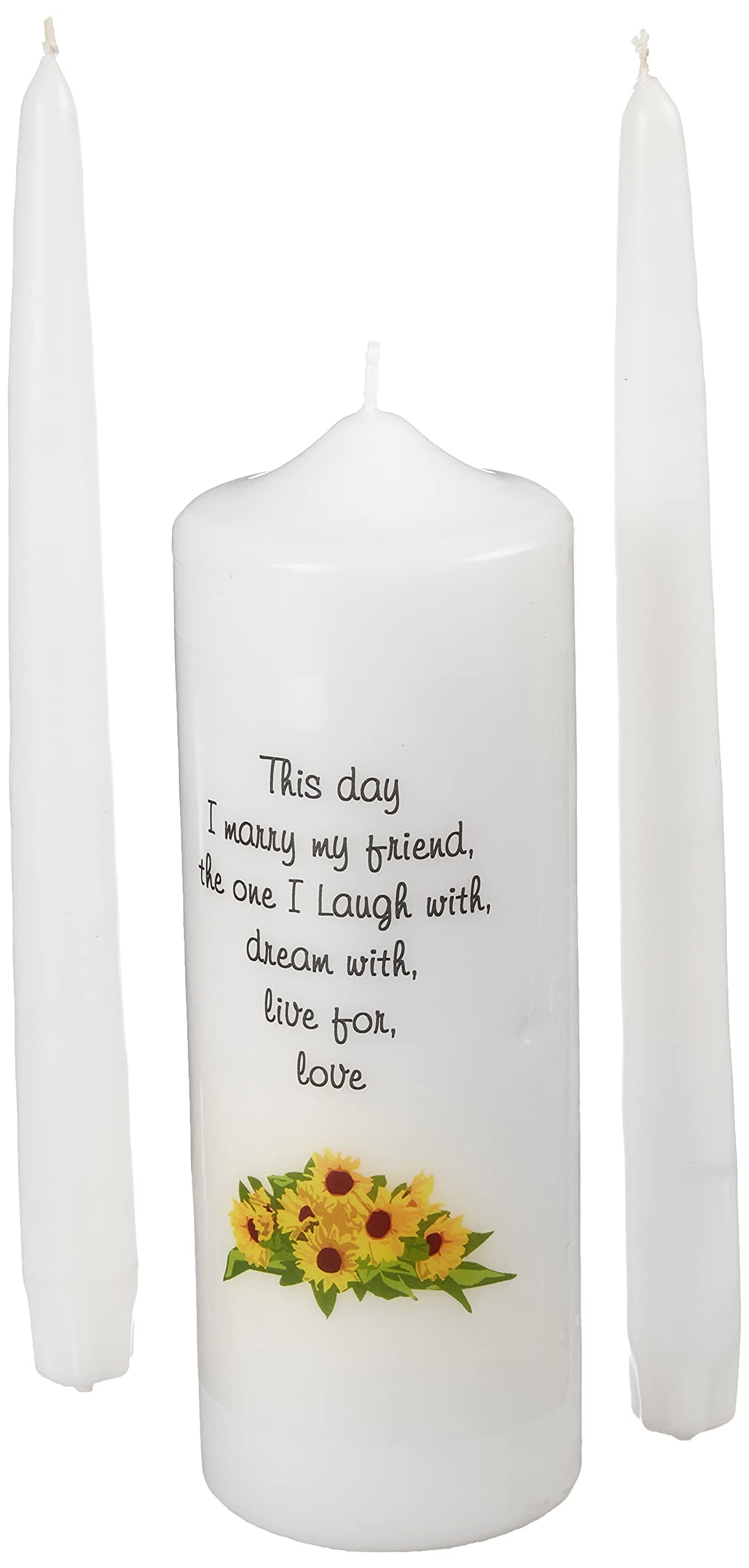 Wedding Unity Candle Set, with 9-inch Pillar with Sunflower Motif and This Day I Marry my Friend Verse, with 10-inch Taper Candles, White