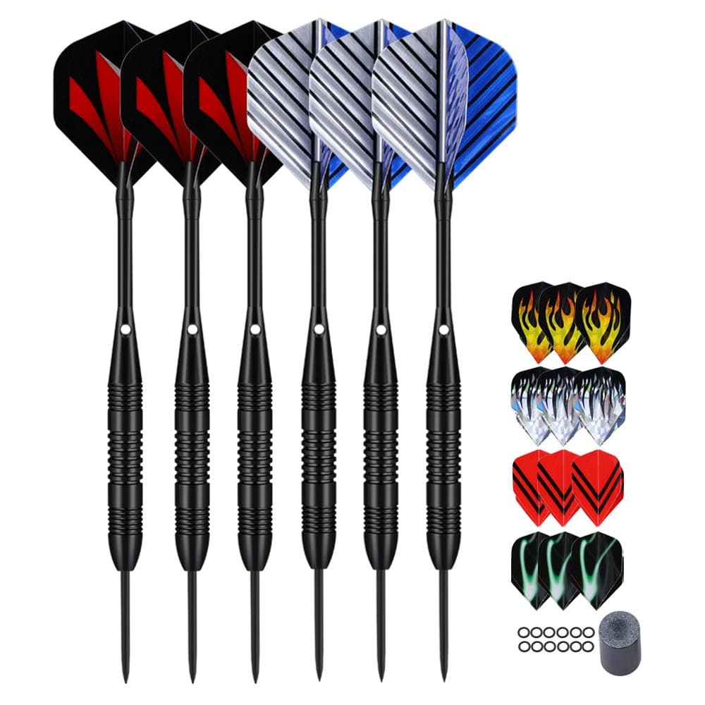 6 Pack / 12 Pack Steel Tip Darts Set 22 23 24 Grams Steel Dart with Aluminum Shaft 18 pcs Dart Flights 6 pcs Spare Aluminum Dart Shafts 6 pcs Rubber O-Rings and Dart Sharpener