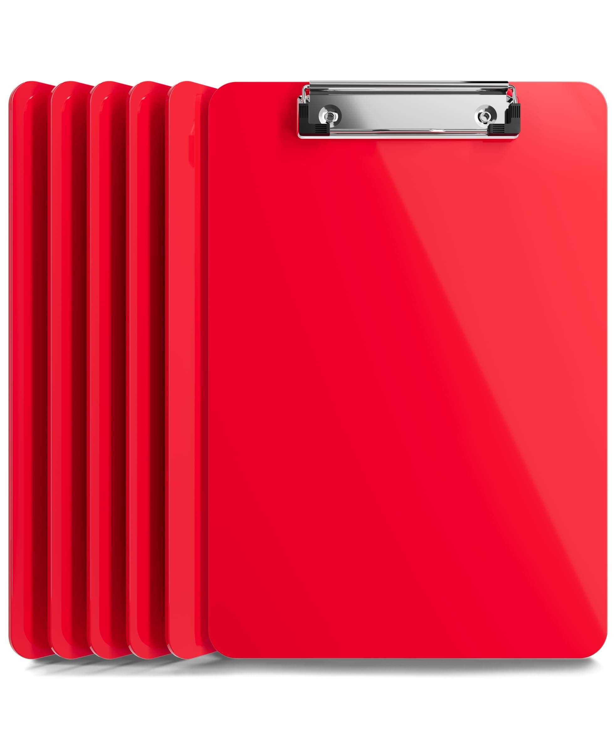 Plastic Clipboards (Set of 6) Multi Pack Clipboard (Red) Strong 12.5 x 9 Inch | Holds 100 Sheets! Acrylic Clipboards with Low Profile Clip | Cute Aesthetic College School Supplies for Girls and Boys