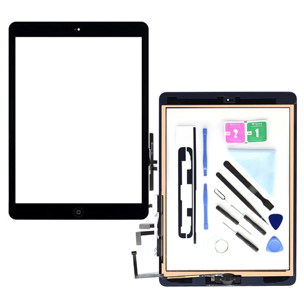 First choose Compatible with ipad Air 1st (5th Generation) A1474 A1475 A1476 Touch Screen Glass Digitizer Replacement, Home Button Flex, Adhesive Tape,Repair Tools kit (Black)