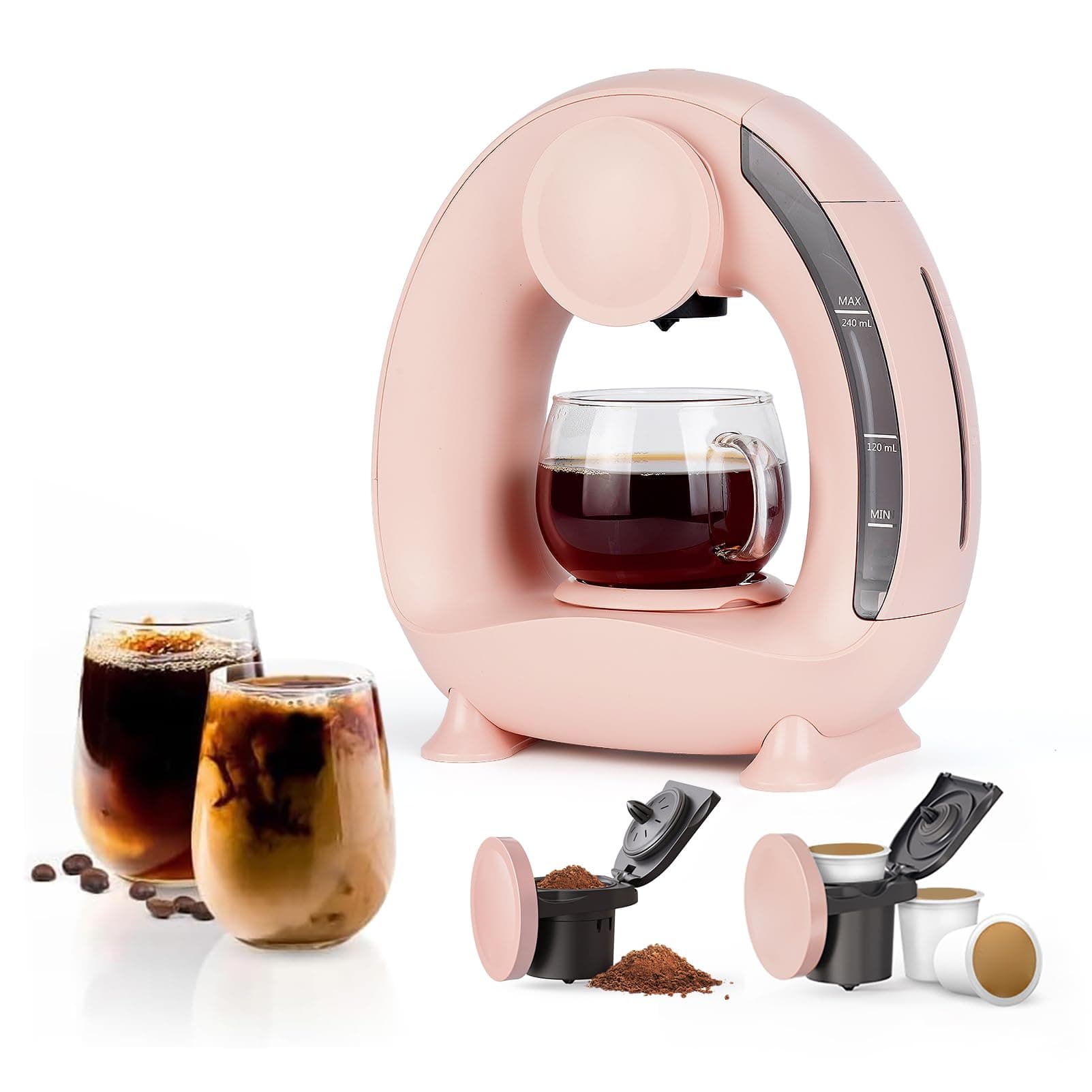 Pod and Grounds Single-Serve Coffee Maker, 2 in 1 One Cup Coffee Machine Compatible with K-Cup Pod & Coffee Grounds/Tea, Compact Design, 4-8oz, Pink