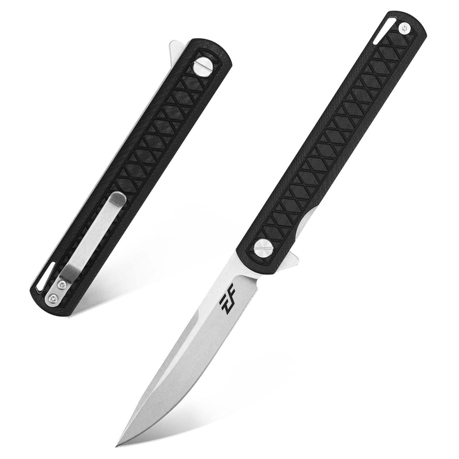 EF16 Folding Knife Flipper Ball Bearing Point D2 Blade G10 Handle with Pocket Clip Everday Carry Pocket Knife Liner Lock Camping Tactical Outdoor Multitool (Black)