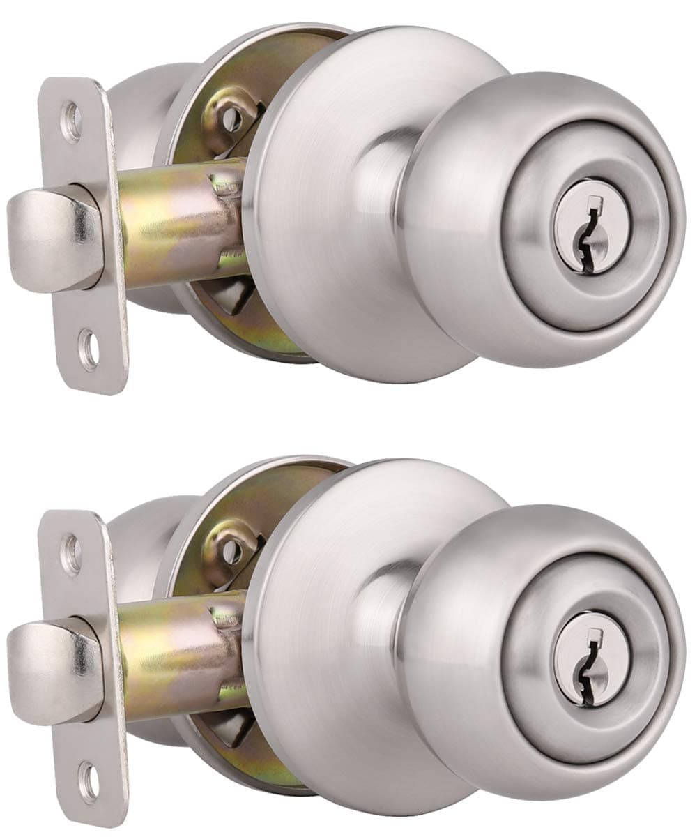 2 Pack Keyed Alike Entry Door Knobs with Lock and Same Key, Ball Door Knob Handles Entrance Door Lockset Satin Nickel Finish