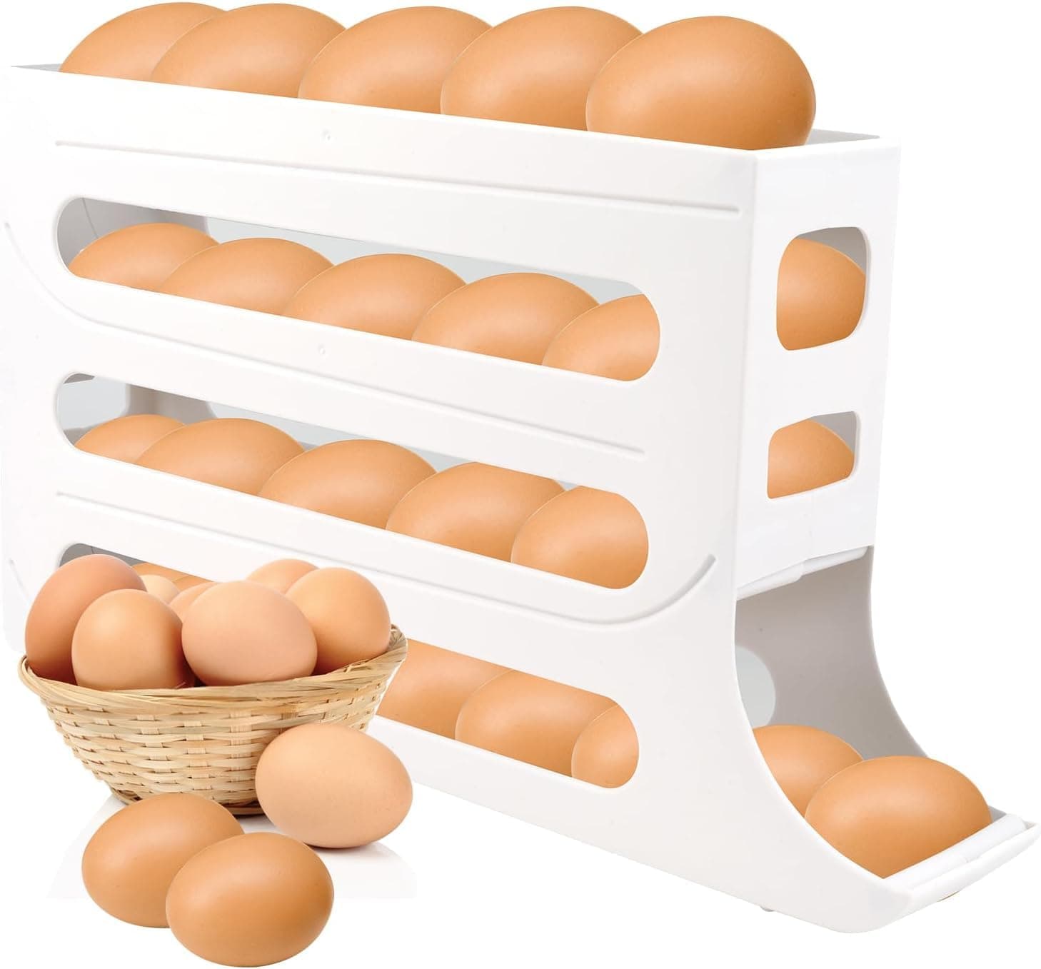 REETIK FASHION HUB Auto Rolling Fridge Egg Organizer, Space-Saving Dispenser Holder, 4 Tiers Stackable, 30 Eggs Large Capacity Rack for Refrigerator